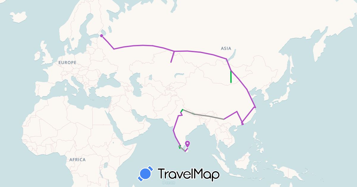 TravelMap itinerary: driving, bus, plane, train in China, India, Kazakhstan, Sri Lanka, Mongolia, Nepal, Russia (Asia, Europe)